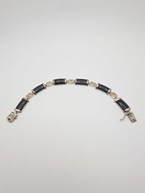 Vintage CBJP 925 Sterling Silver Black Onyx Link Bracelet - Chinese 8"
